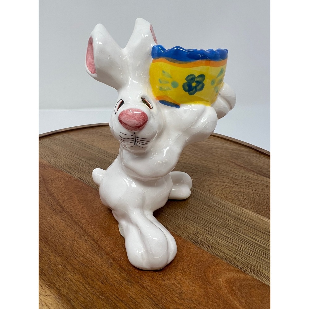 K's Collection White Bunny Rabbit Egg Cup Holder Yellow Blue Floral Design